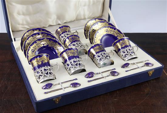 A cased Coalport silver mounted coffee set, 1930s, case 38.5cm